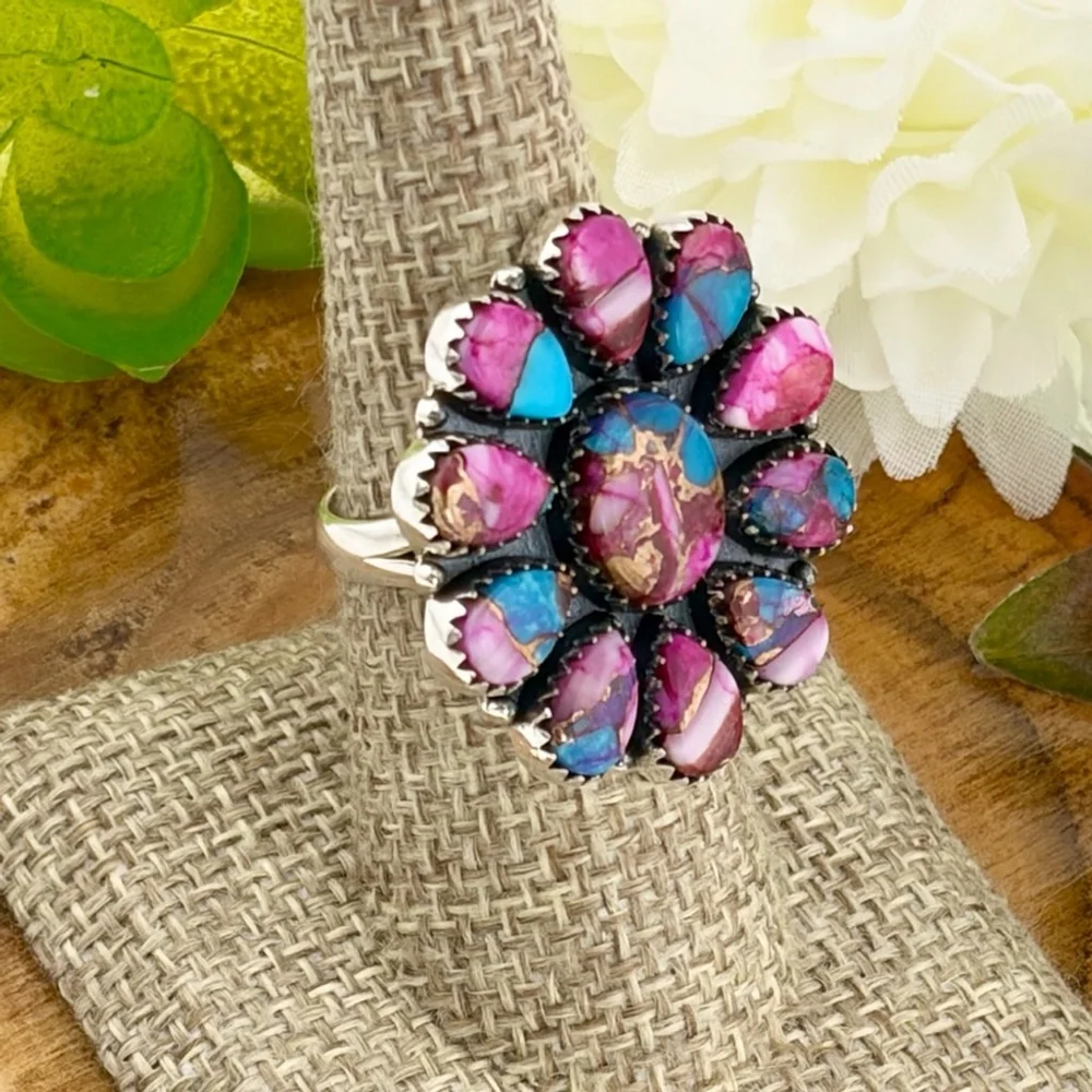 Pure Sterling Silver 925 Pink Dahlia Turquoise Cluster Ring 7 1/4 Navajo Style - Picture 9 of 11